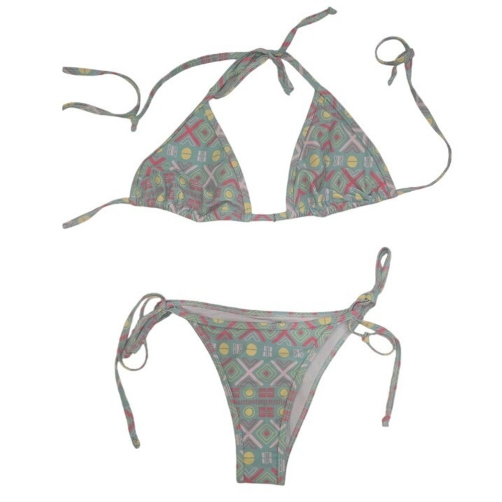 Geometric Print Tie Side Bikini Bottoms with Pearl Detail Teal Pink Large
